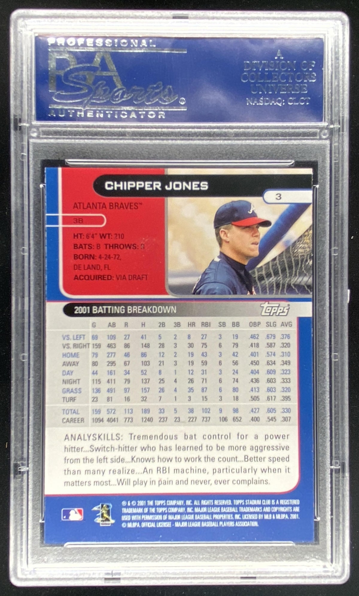 2002 Topps Stadium Club Chipper Jones #3 graded PSA 10 trading card