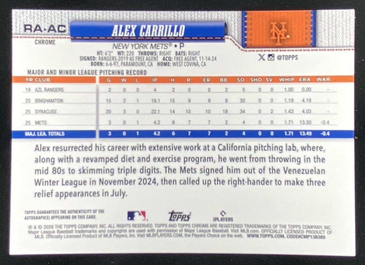 2026 Topps Chrome Alex Carrillo #RA-AC trading card