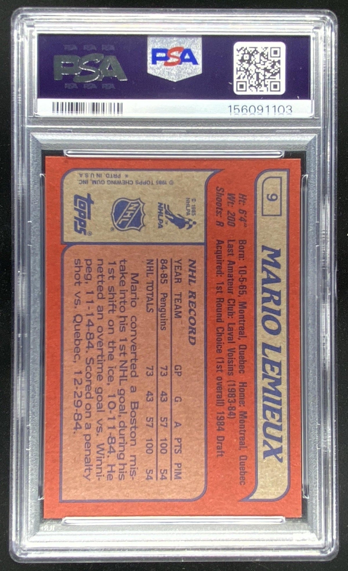 1985 Topps Mario Lemieux #9 graded PSA 9 trading card