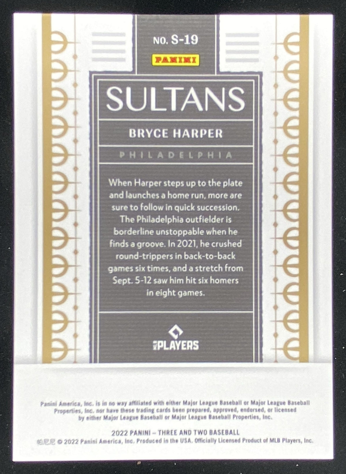 2022 Panini Three and Two Bryce Harper #S19 trading card