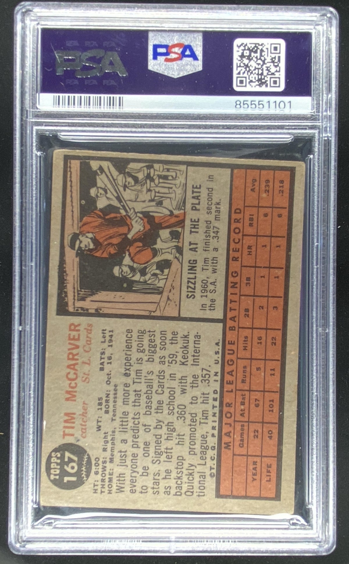 1962 Topps Tim McCarver #167 graded PSA 3 trading card