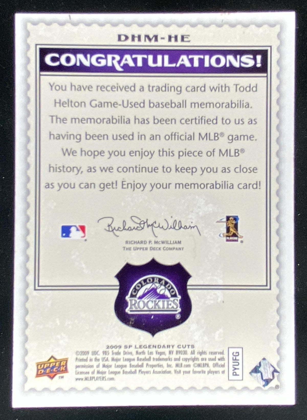 2009 SP Legendary Cuts Todd Helton #DHM-HE trading card