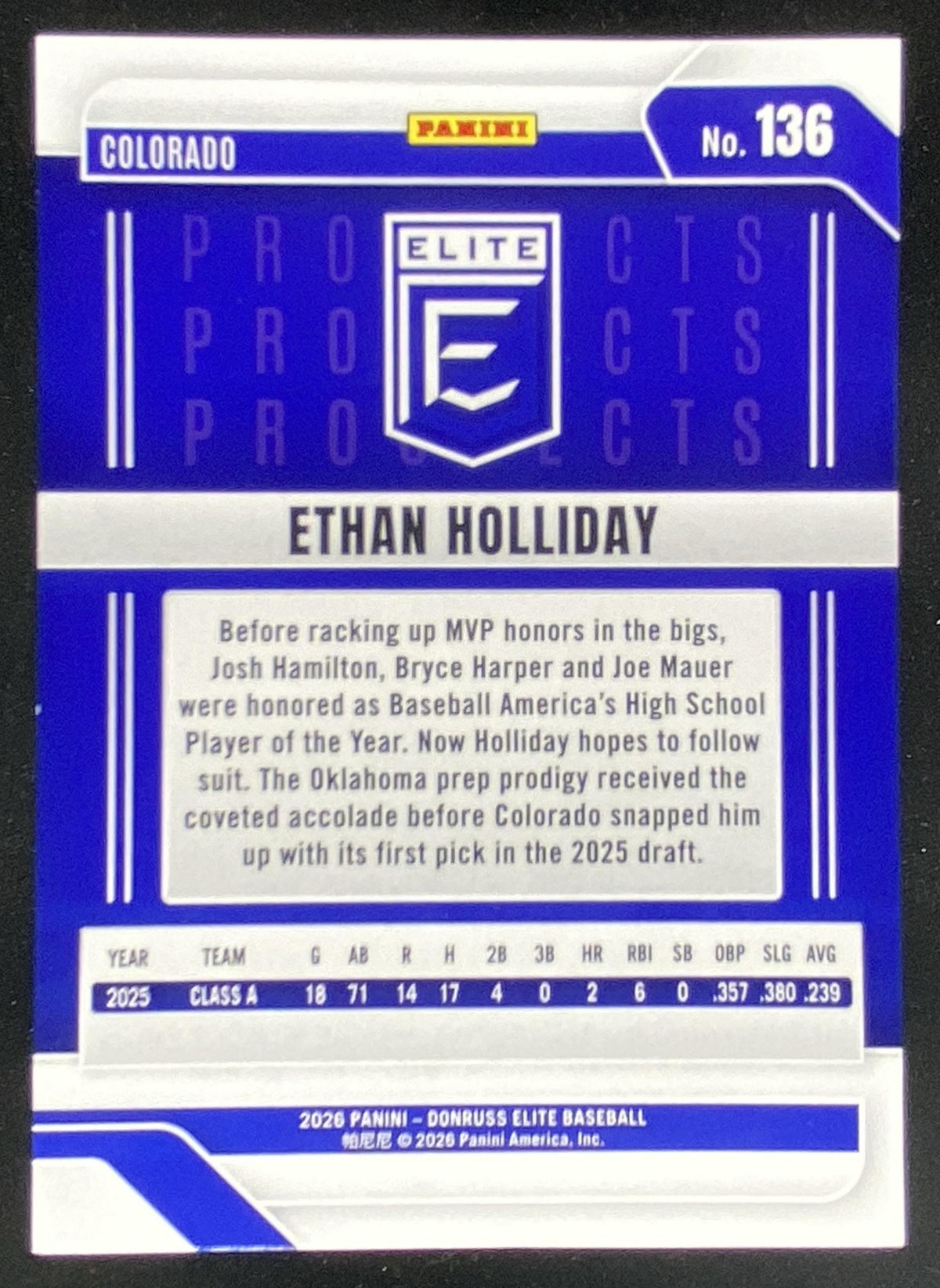2026 Panini Donruss Elite Ethan Holliday #136 trading card