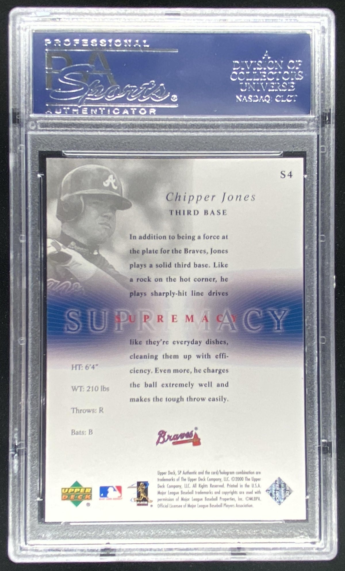 2000 SP Authentic Chipper Jones #S4 graded PSA 10 trading card