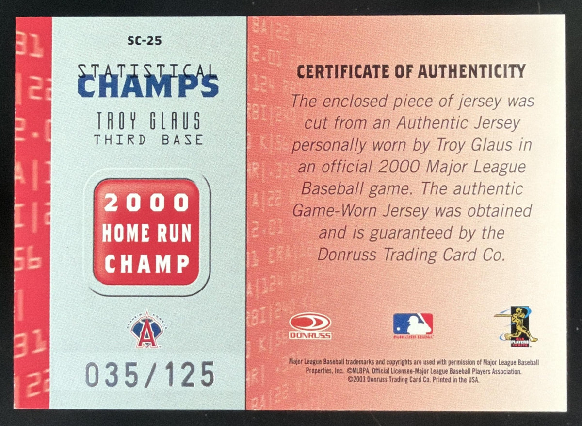 2003 Donruss Champions Statistical Champs Troy Glaus Jersey /125