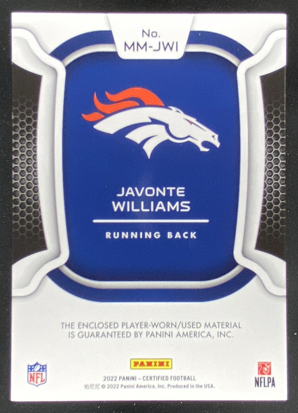 2022 Panini Certified Materials Javonte Williams trading card