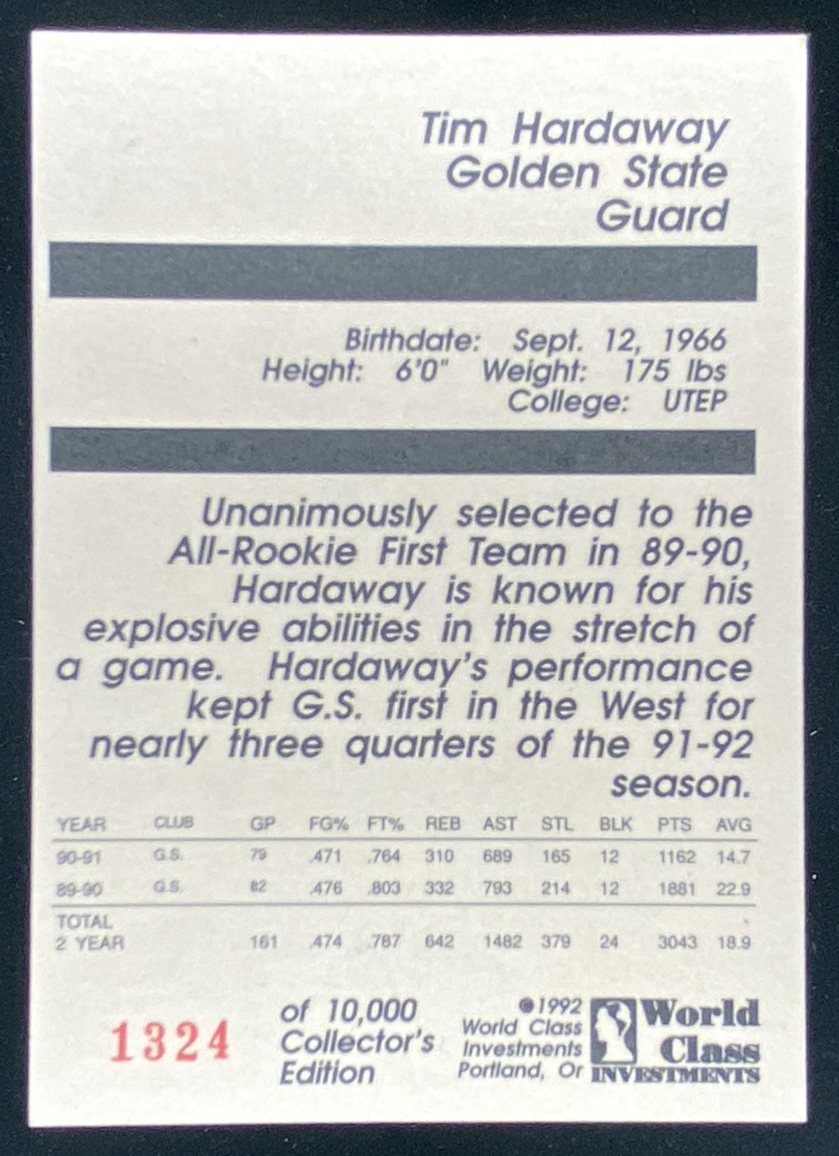 1992 World Class Investments Tim Hardaway trading card