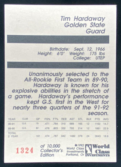 1992 World Class Investments Tim Hardaway trading card