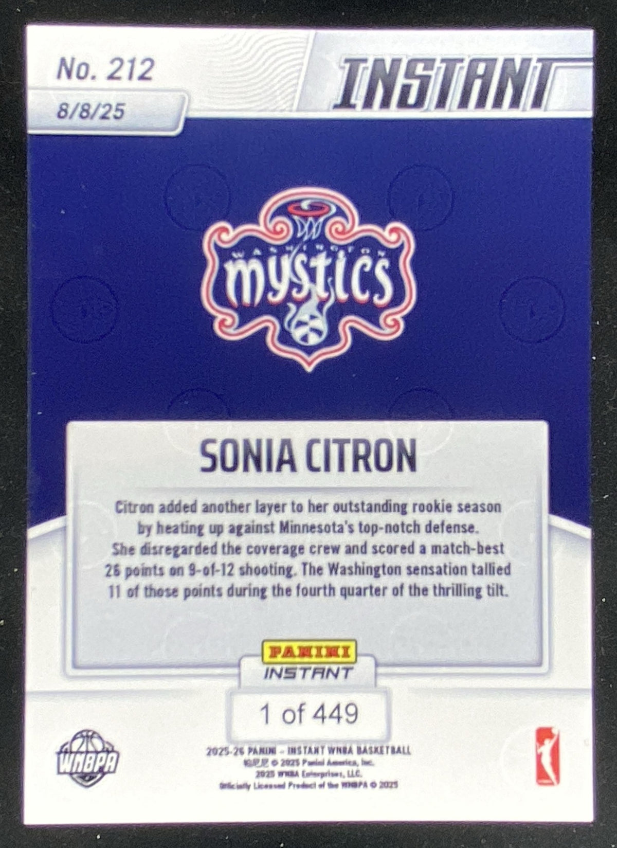 2025 Panini Instant WNBA Sonia Citron #212 trading card