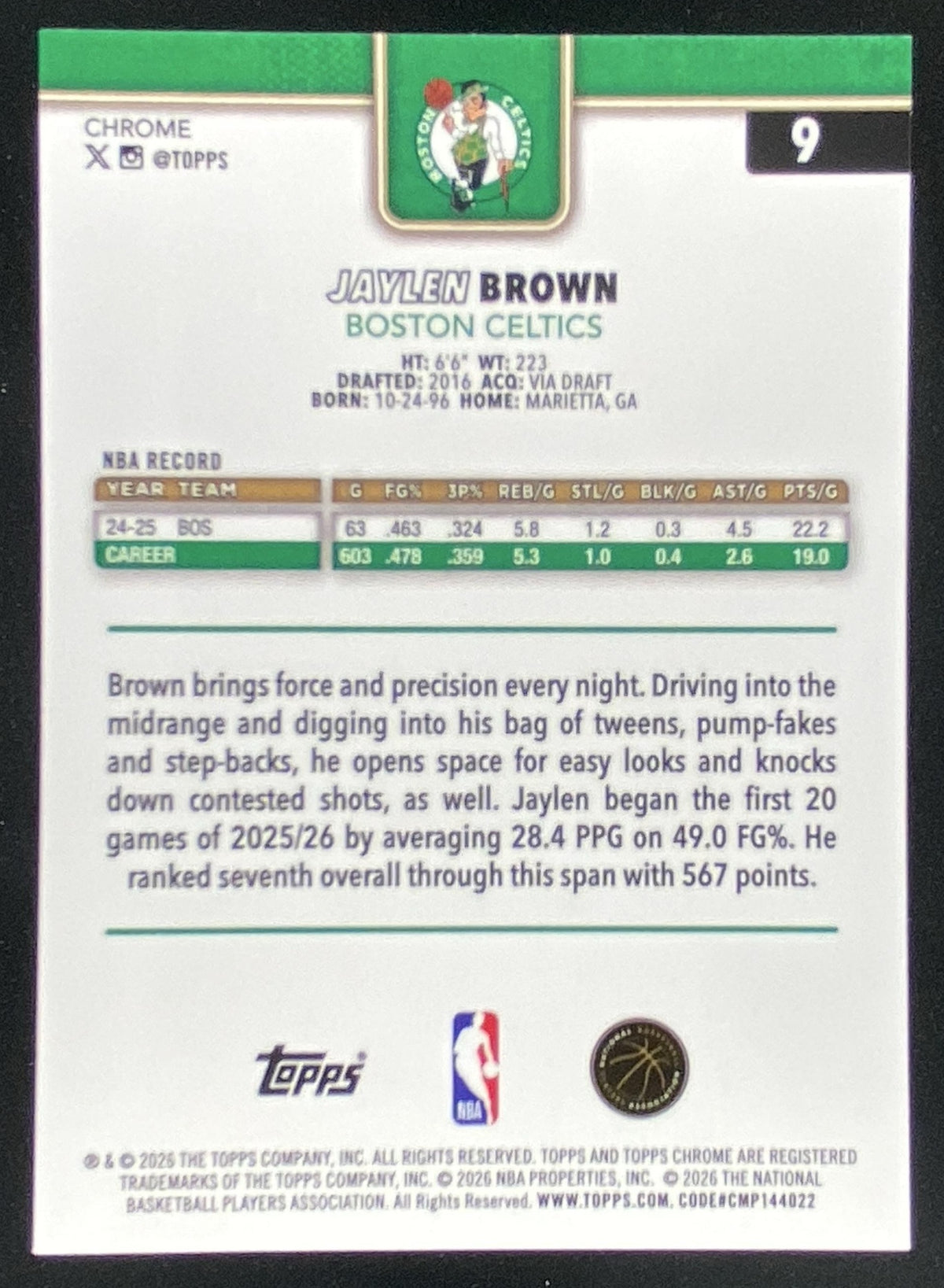 2025 Topps Chrome Update Jaylen Brown #9 trading card