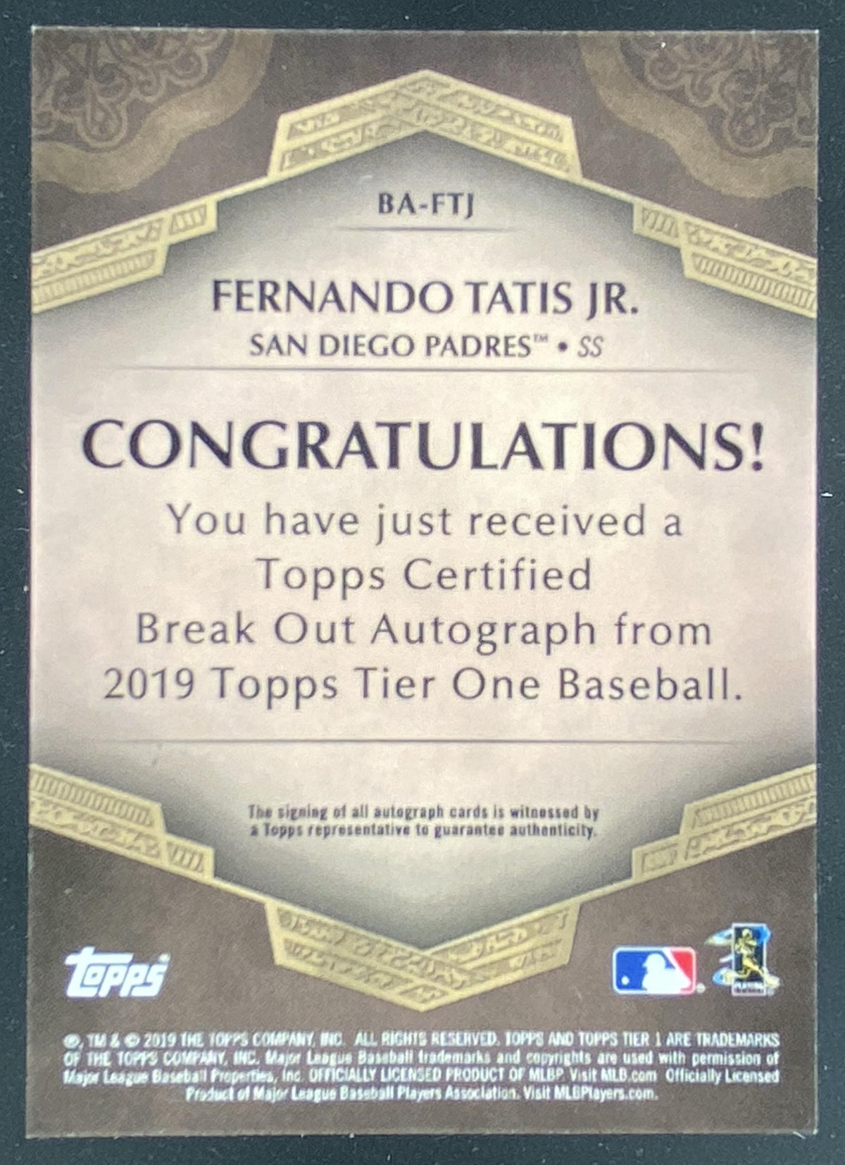 2019 Topps Tier One Fernando Tatis Jr. #BA-FTJ trading card