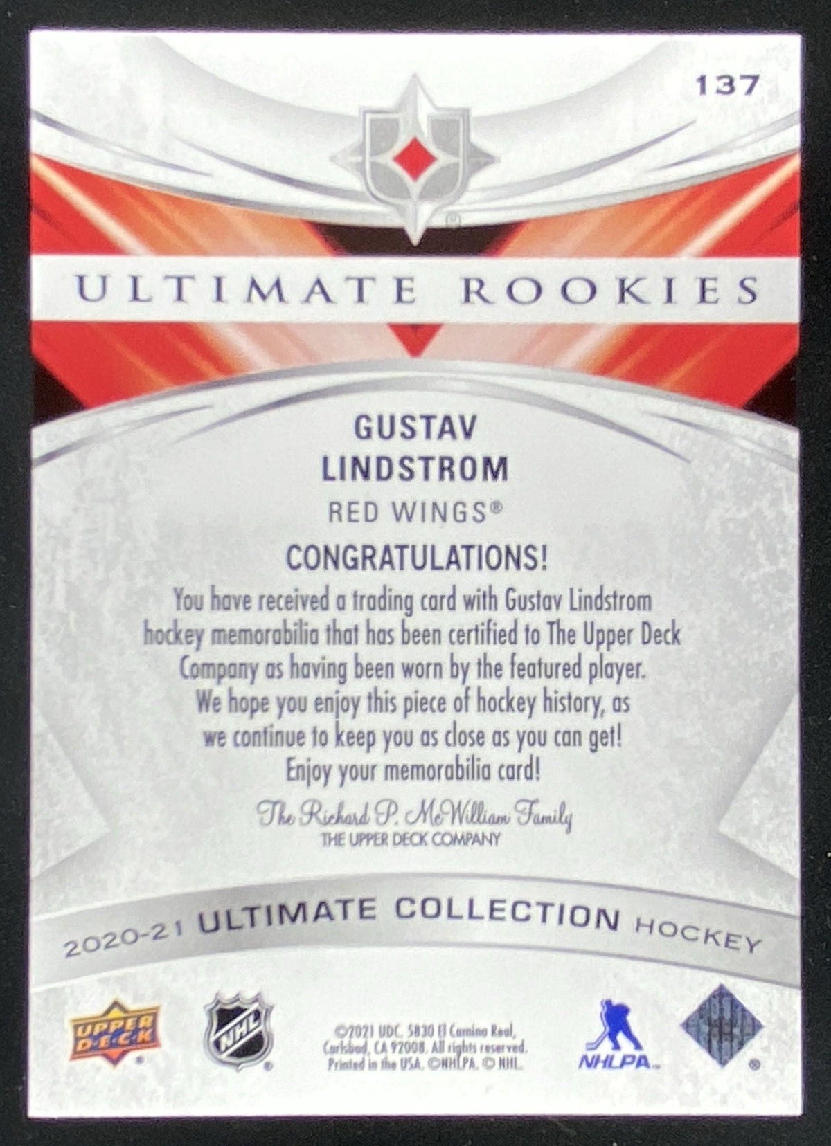 2020 Upper Deck Ultimate Collection Gustav Lindstrom trading card