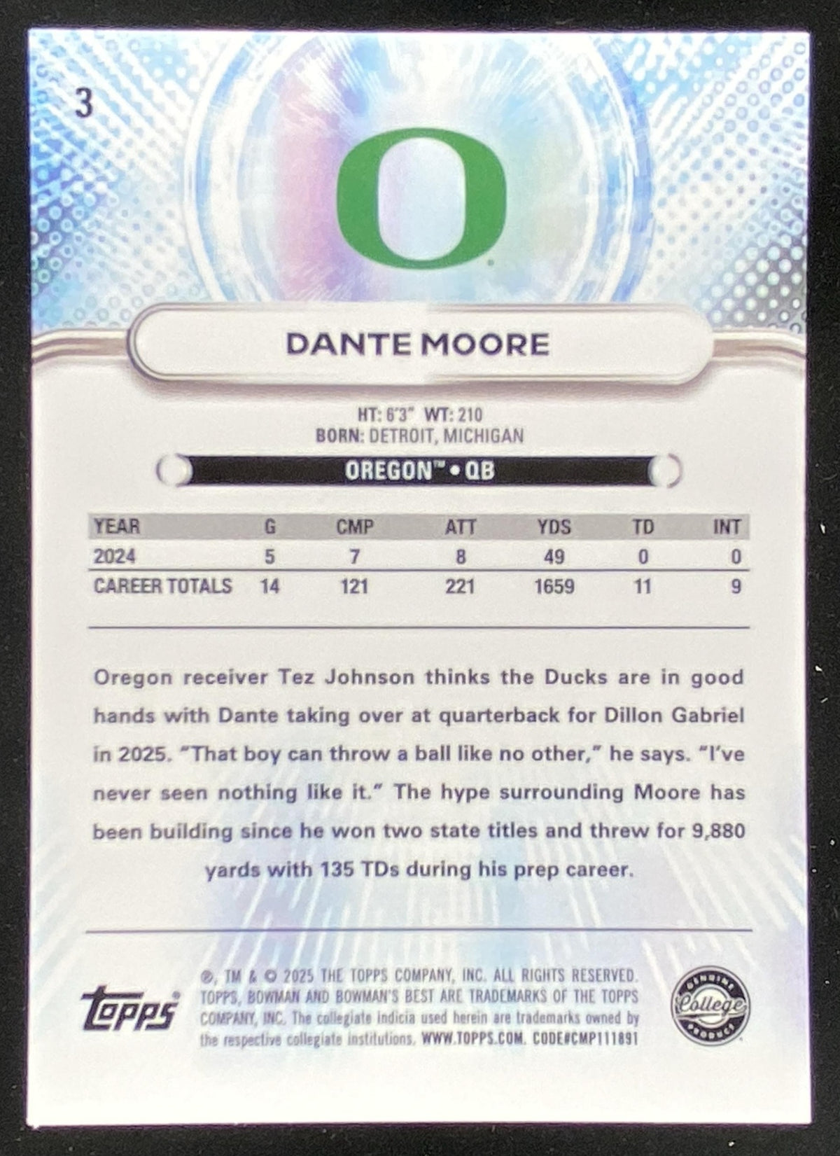 2025 Bowman's Best University Dante Moore #3 trading card
