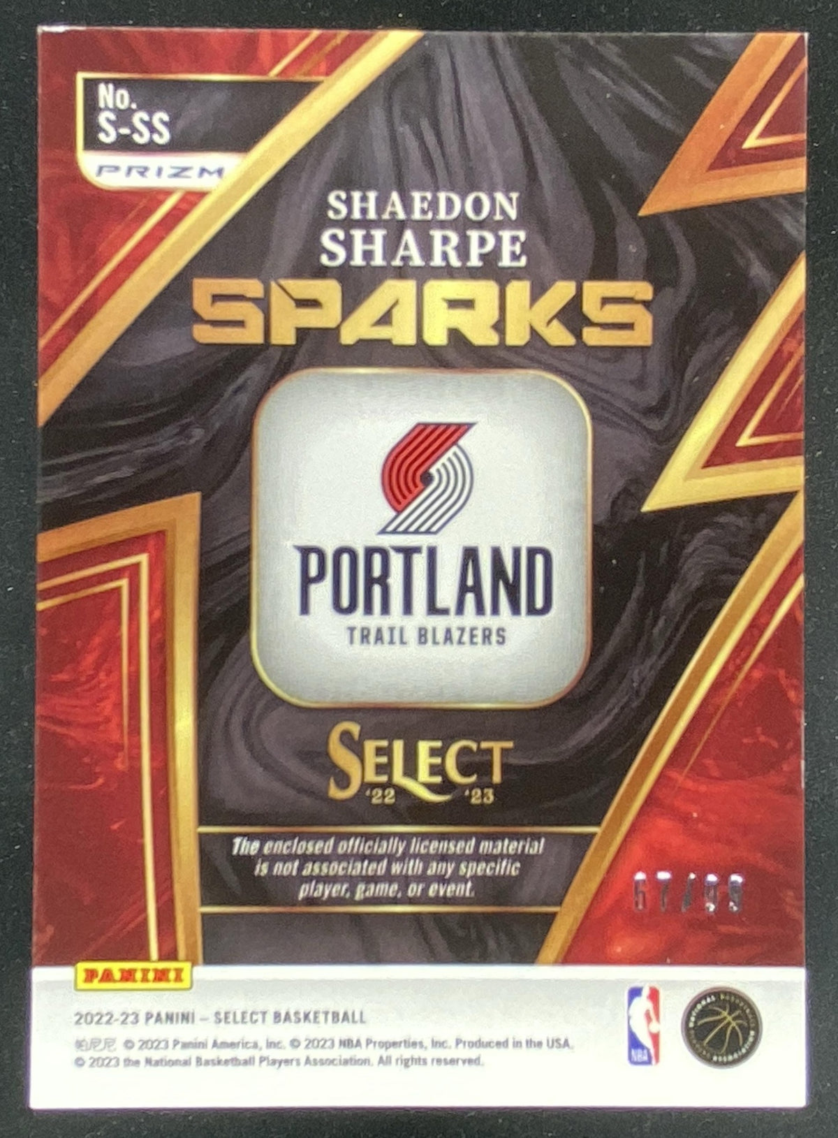 2022 Panini Select Shaedon Sharpe #S-SS trading card