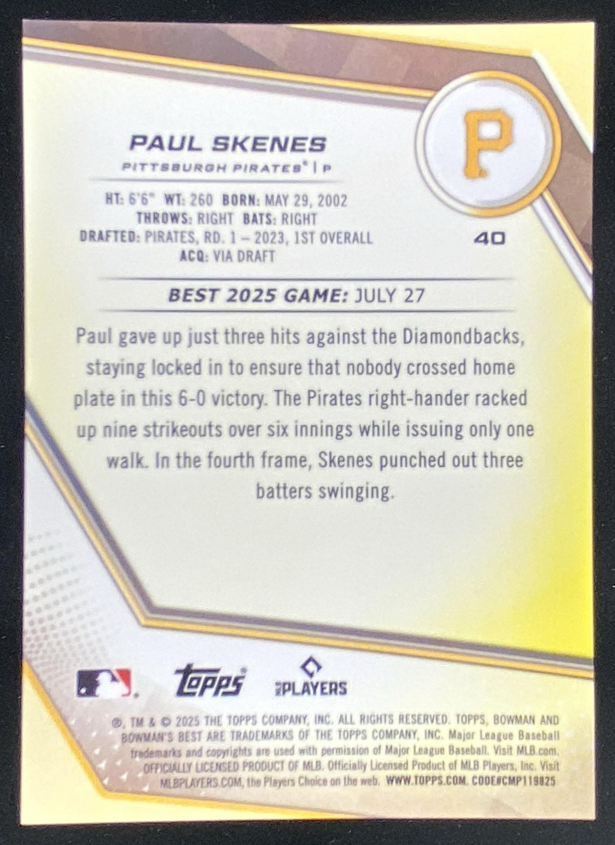 2025 Bowman's Best Paul Skenes #40 trading card