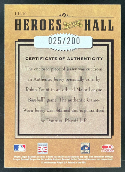 2004 Donruss Studio Heroes of the Hall Robin Yount Jersey /200