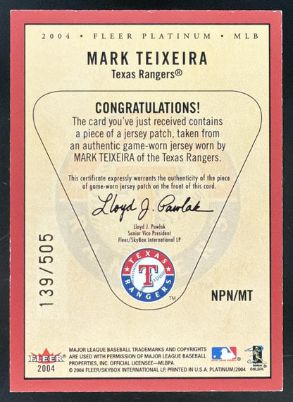 2004 Fleer Platinum Nameplates Mark Teixeira Patch /505