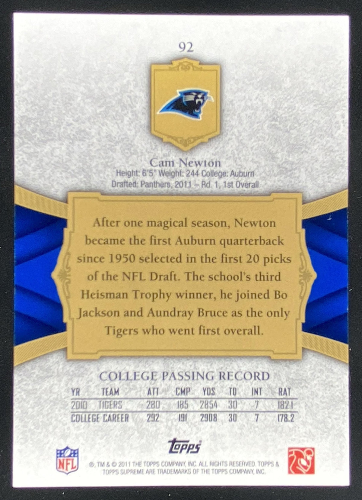 2011 Topps Supreme Cam Newton #92 trading card