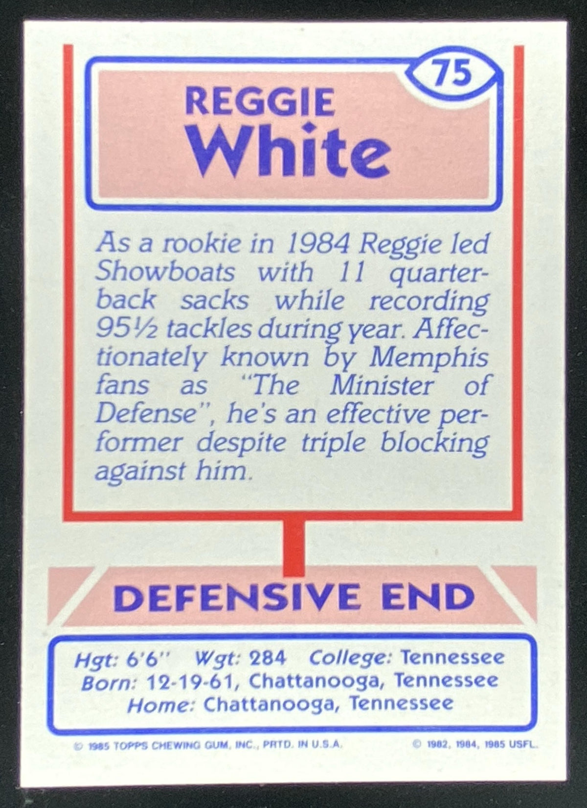 1985 Topps USFL Reggie White #75 trading card