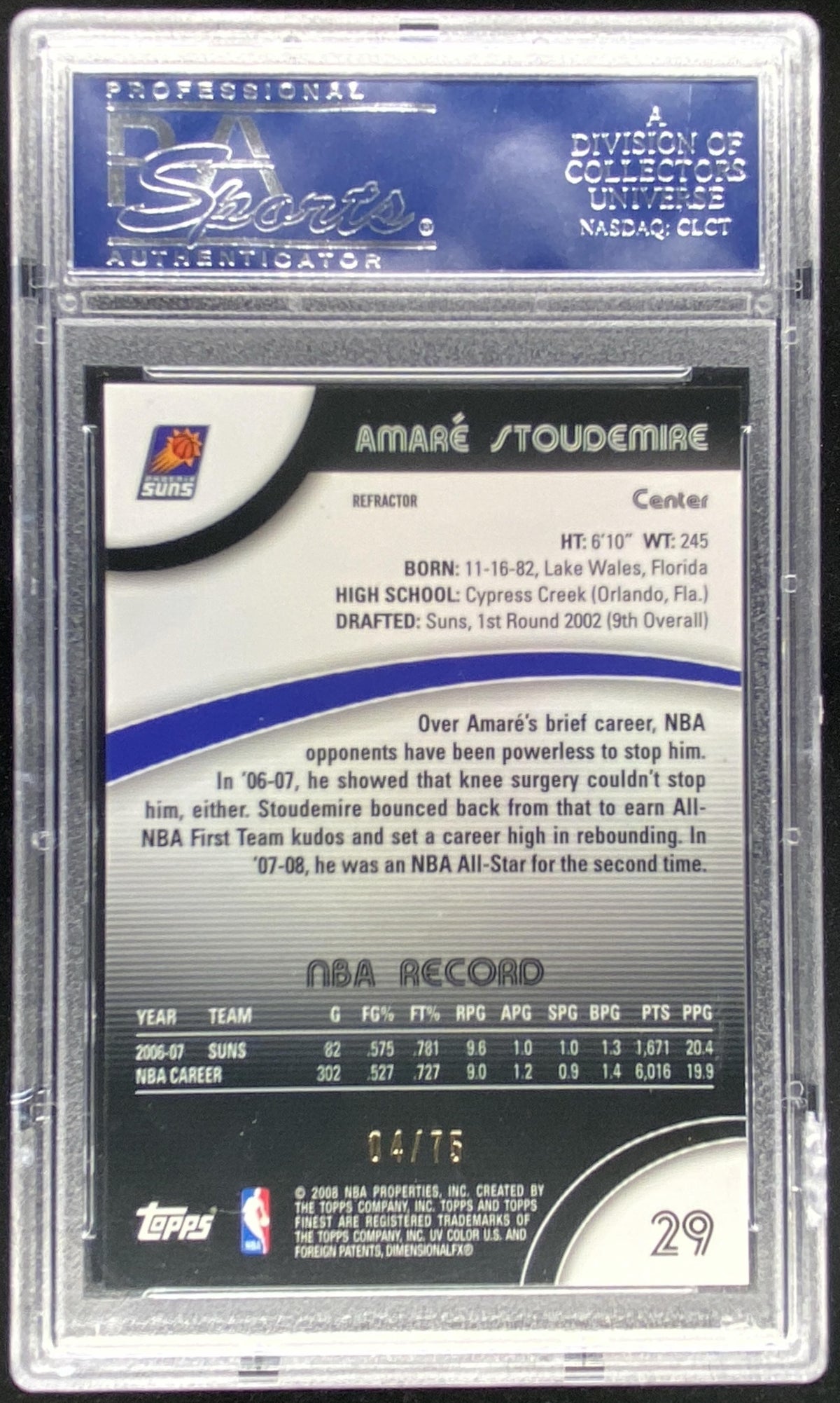 2007 Topps Finest Amare Stoudemire #29 graded PSA 10 trading card