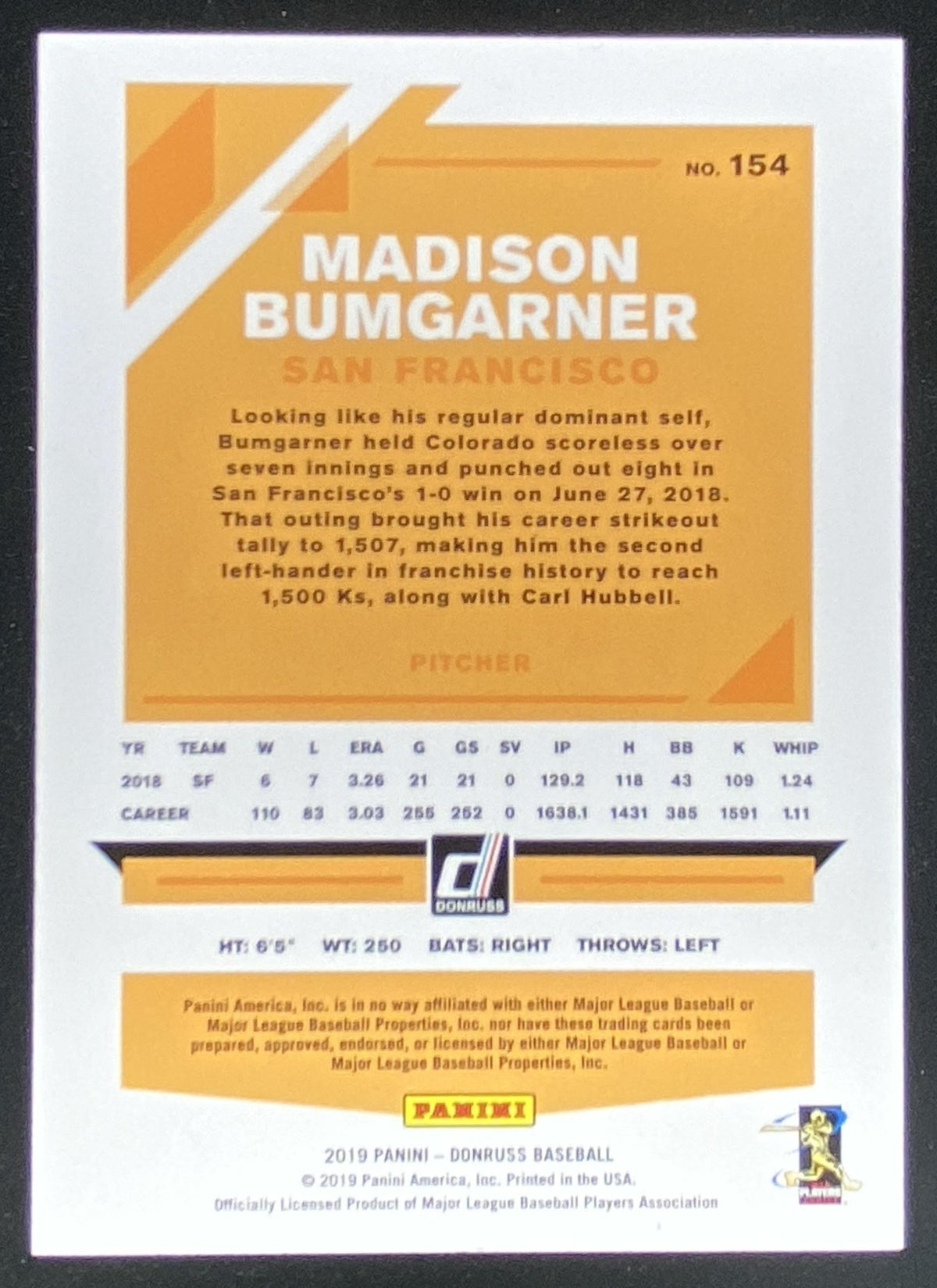 2019 Panini Donruss Optic Madison Bumgarner trading card