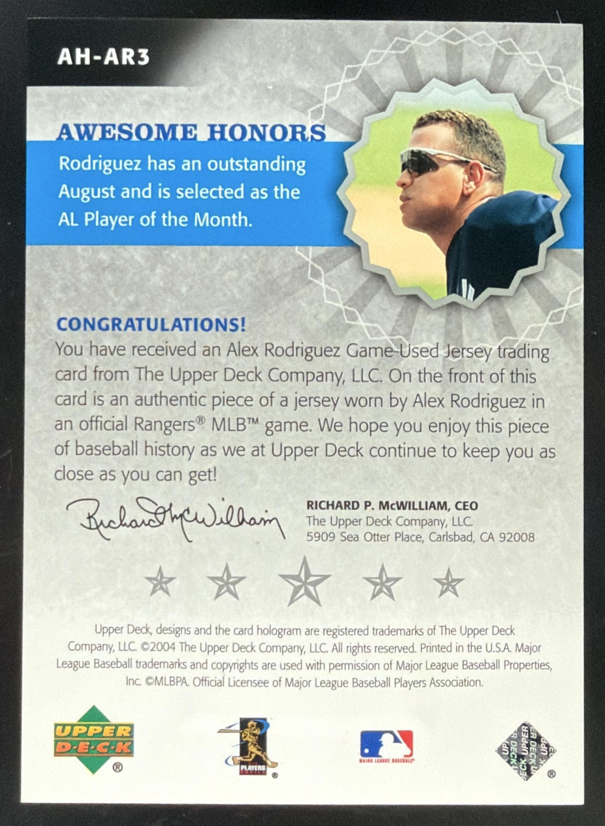 2004 Upper Deck Awesome Honors Alex Rodriguez Jersey