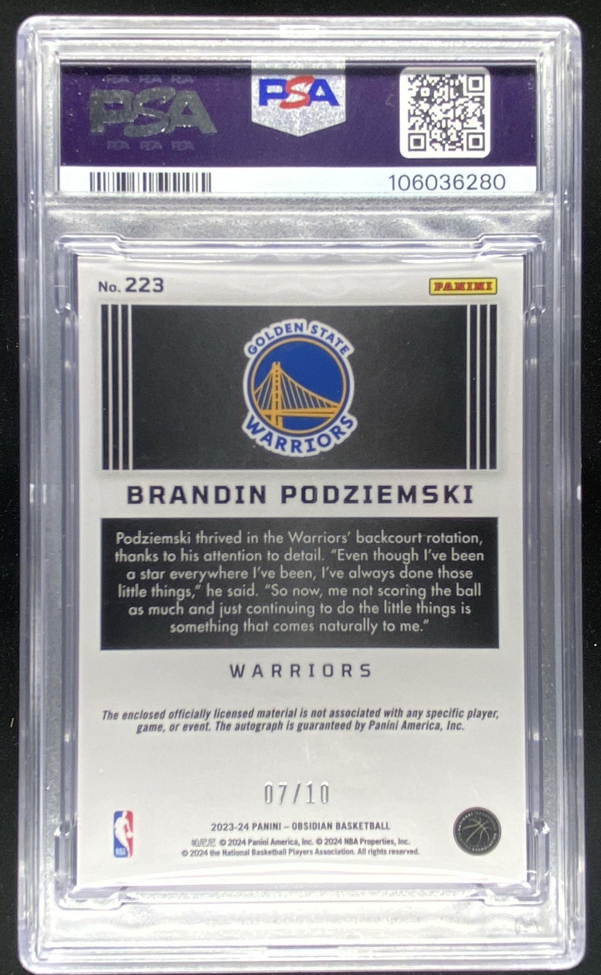2023 Panini Obsidian Brandin Podziemski graded PSA 9 trading card