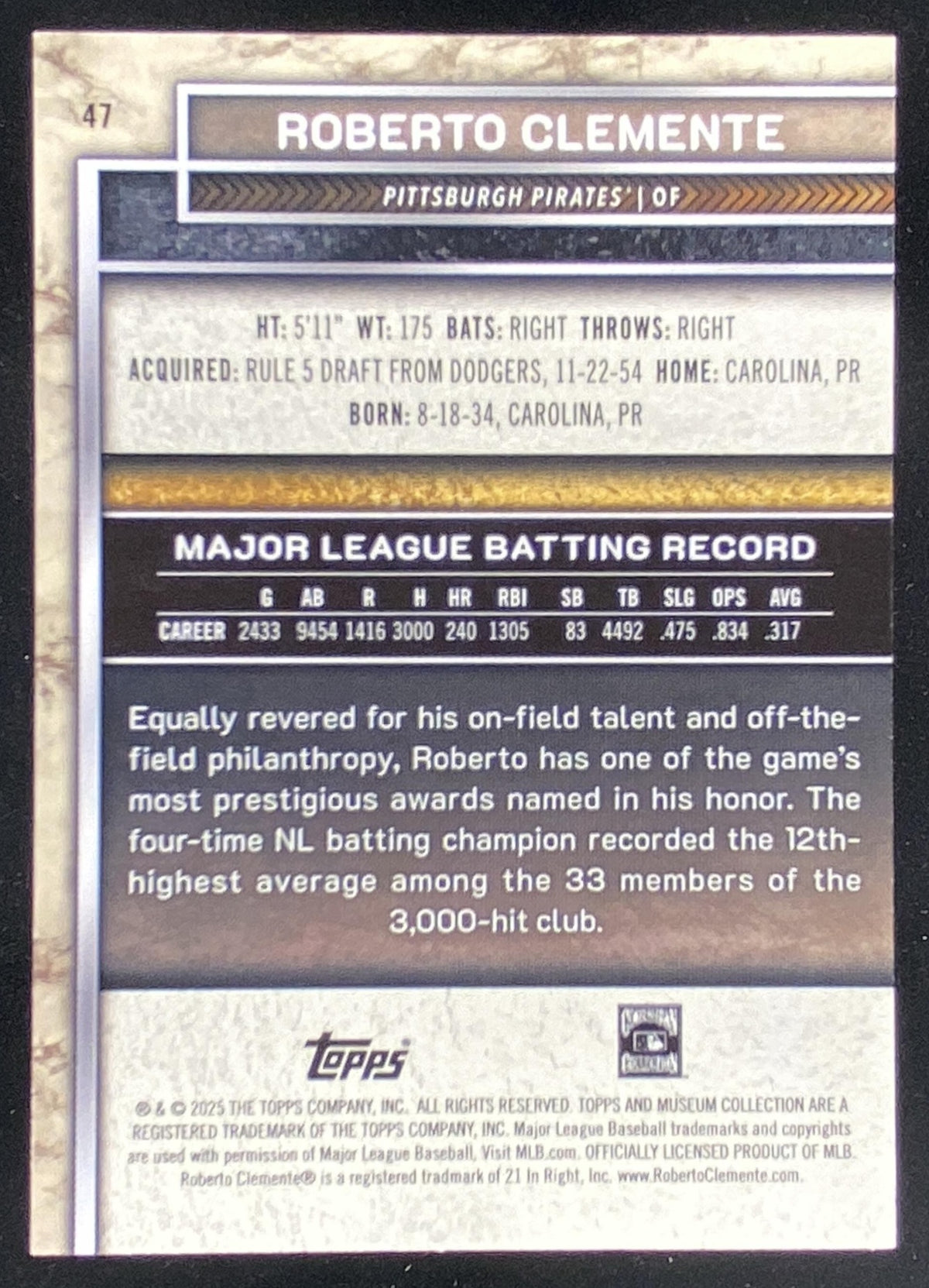 2025 Topps Museum Collection Roberto Clemente #47 trading card