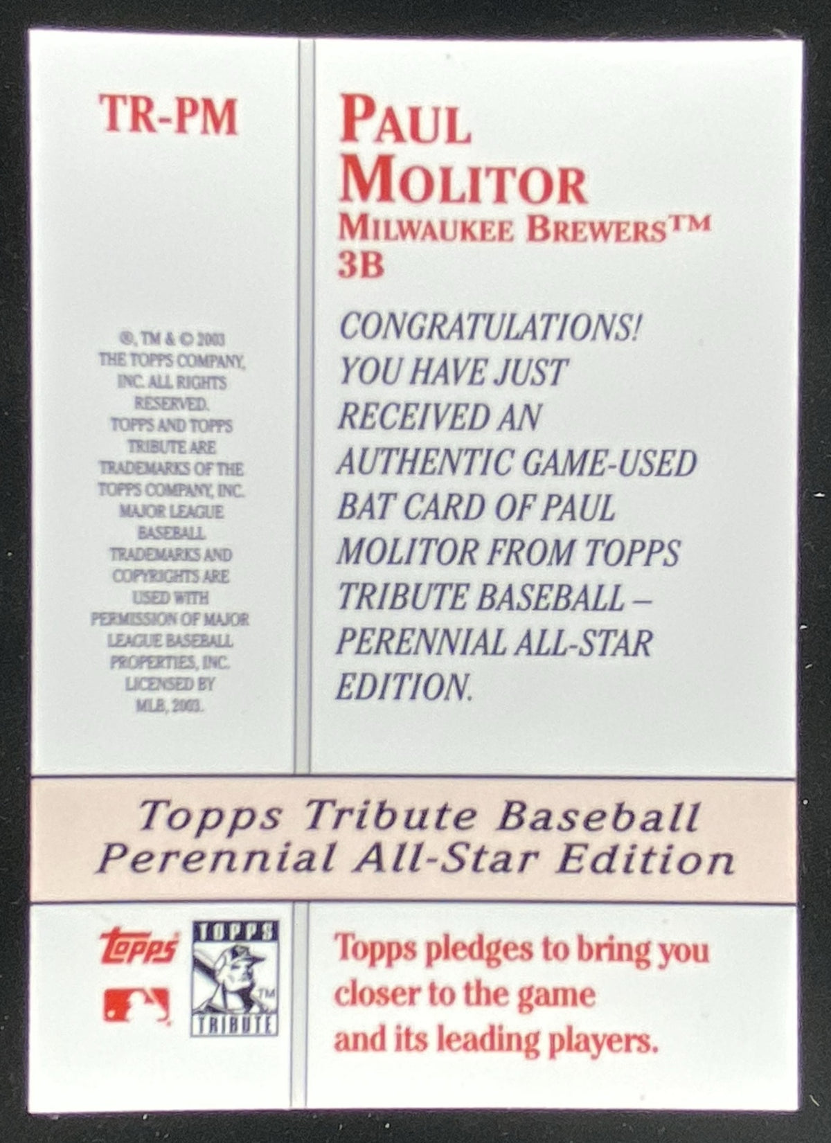 2003 Topps Tribute Perennial All-Star Edition Paul Molitor #TR-PM trading card