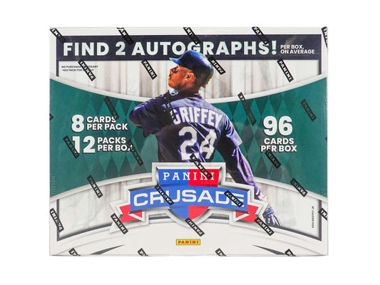 2024 Panini Crusade Baseball Premium Box featuring Optichrome cards, two autographs, and colorful parallels.
Back of the 2024 Panini Crusade Baseball Premium Box showing product details and pack configuration.
2024 Panini Crusade Baseball premium pack featuring legends, prospects, and premium Optichrome cards.
2024 Panini Crusade Baseball Knightcap insert with Squires and Juggernauts chase cards.