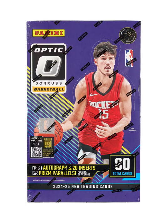 2024/25 Panini Donruss Optic Basketball Hobby Box Front

2024/25 Panini Donruss Optic Basketball Hobby Box Side

2024/25 Donruss Optic Basketball Hobby Rated Rookies Inserts

2024/25 Donruss Optic Basketball SSP Downtown & Alter Ego Cards