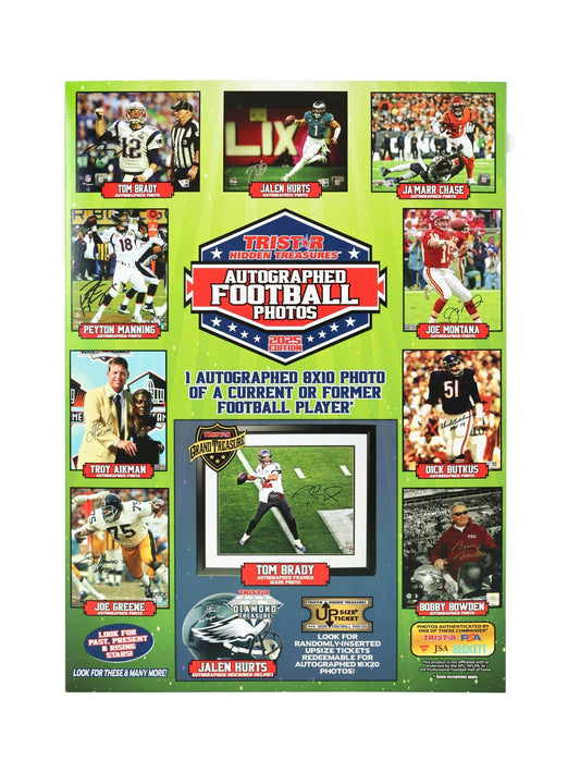 2025 TriStar Hidden Treasures Autographed Football Photos Hobby Box packaging | Columbia Sports Cards

2025 TriStar Hidden Treasures Football 8x10 autographed photo example | Columbia Sports Cards

2025 TriStar Hidden Treasures Upsize Ticket 16x20 redemption example | Columbia Sports Cards

2025 TriStar Hidden Treasures authenticated football autograph photo | Columbia Sports Cards