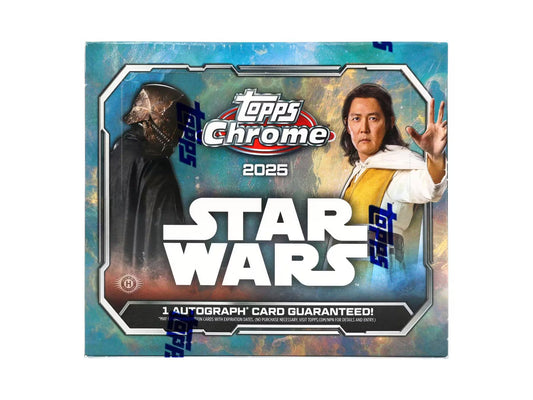 Star Wars Chrome Hobby Box 2025 Topps front

2025 Star Wars Chrome hobby packs and box contents

Star Wars Chrome Kyber Light insert card 2025

Star Wars Chrome ComicFractor and Reflections inserts 2025

2025 Star Wars Chrome autograph card example