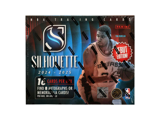2024/25 Panini Silhouette Basketball Hobby Box packaging | Columbia Sports Cards

2024/25 Panini Silhouette Basketball autograph card example | Columbia Sports Cards

2024/25 Panini Silhouette Basketball memorabilia patch card | Columbia Sports Cards

2024/25 Panini Silhouette Basketball booklet card VS 1 on 1 example | Columbia Sports Cards