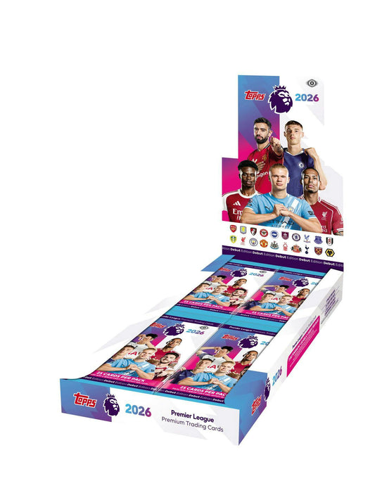 2025/26 Topps Premier League EPL Soccer Hobby Box packaging | Columbia Sports Cards

2025/26 Topps Premier League EPL Chrome King card example | Columbia Sports Cards

2025/26 Topps Premier League EPL Black Edge rookie card | Columbia Sports Cards

2025/26 Topps Premier League EPL Soccer autograph and relic card examples | Columbia Sports Cards