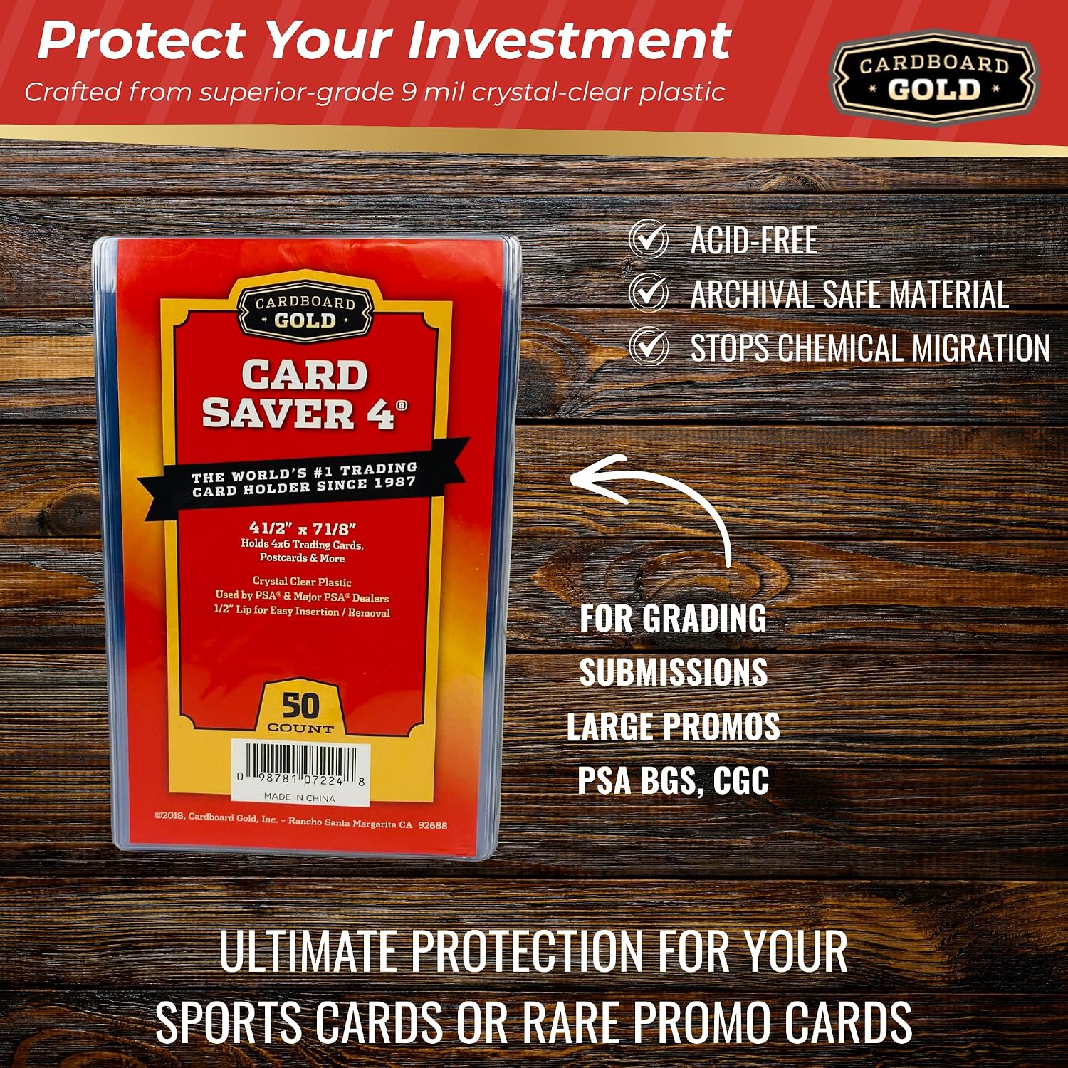 50ct Pack Card Saver 4 Semi-Rigid Holder - Cardboard Gold