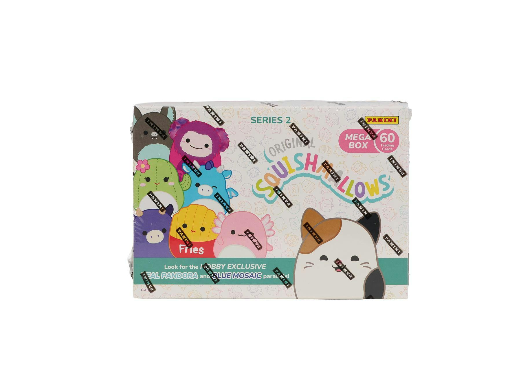 2025 Panini Squishmallows Hobby Mega Box front

Squishmallows trading cards booster pack artwork

Squishmallows Gold Wave numbered parallel card

Squishmallows Color Blast insert card

Squishmallows Black Ice 1 of 1 parallel card