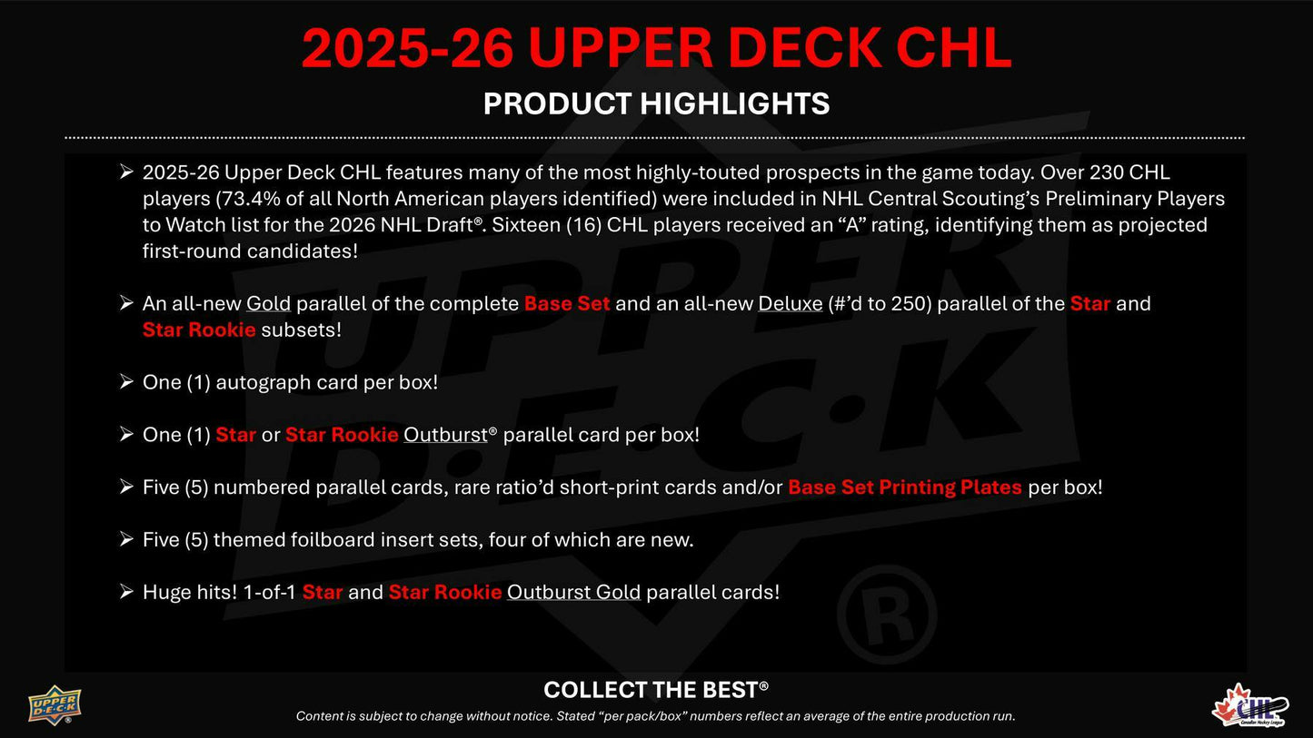 2025/26 Upper Deck CHL Hockey Hobby Box | Columbia Sports Cards | Columbia Hobby - Sports Card Boxes - Toploaders - Card Savers.