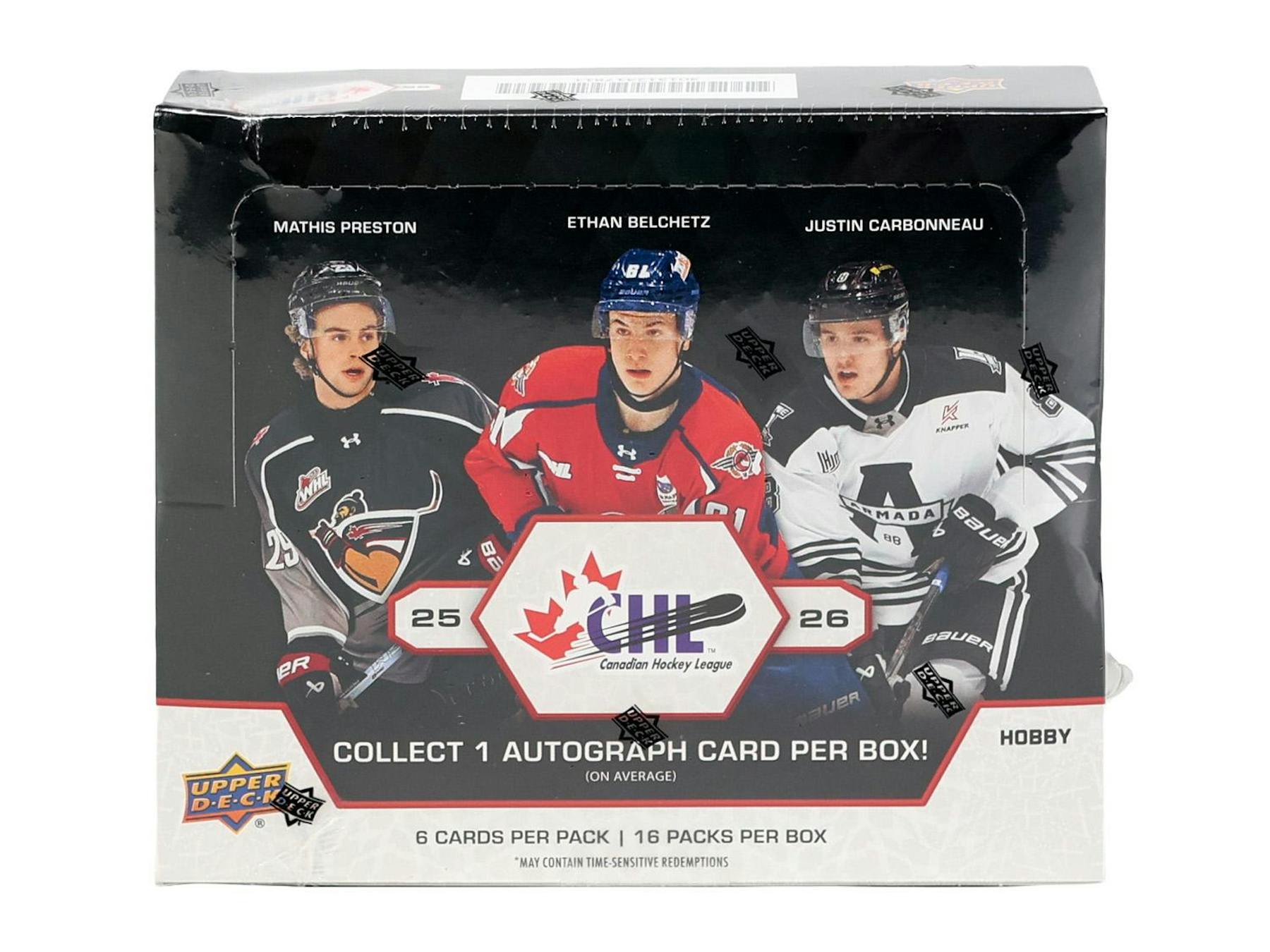 2025/26 Upper Deck CHL Hockey Hobby Box sealed trading card box featuring top CHL prospects, 1 autograph, and Outburst parallels.
Back of the 2025/26 Upper Deck CHL Hockey Hobby Box showing product details and box configuration.
2025/26 Upper Deck CHL Hockey trading card pack artwork.
2025/26 Upper Deck CHL Hockey promotional sell sheet highlighting Knack for the Net inserts, Road to the Memorial Cup cards, and Outburst Gold parallels.
