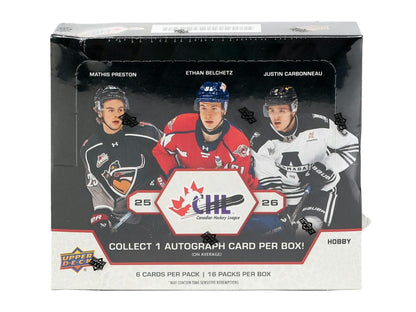 2025/26 Upper Deck CHL Hockey Hobby Box sealed trading card box featuring top CHL prospects, 1 autograph, and Outburst parallels.
Back of the 2025/26 Upper Deck CHL Hockey Hobby Box showing product details and box configuration.
2025/26 Upper Deck CHL Hockey trading card pack artwork.
2025/26 Upper Deck CHL Hockey promotional sell sheet highlighting Knack for the Net inserts, Road to the Memorial Cup cards, and Outburst Gold parallels.