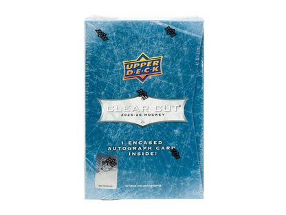 2025/26 Upper Deck Clear Cut Hockey Hobby Box.
Upper Deck Clear Cut hard-signed hockey autograph card.
2025/26 Upper Deck Clear Cut Young Guns autograph cards.
Upper Deck Clear Cut UD Canvas Signatures autograph cards.