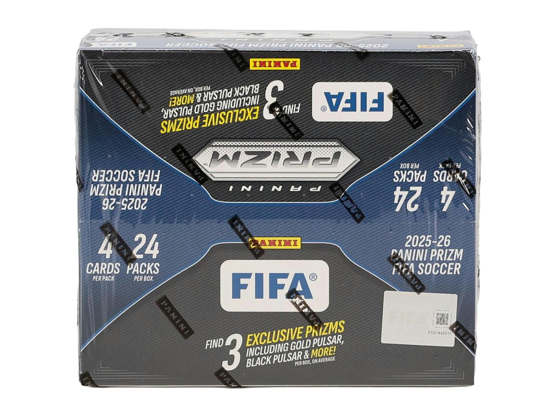 2025/26 Panini Prizm FIFA Soccer 24-Pack Retail Box featuring Silver Prizms, Pulsar parallels, and international club stars.
Back of the 2025/26 Panini Prizm FIFA Soccer Retail Box showing product details and box configuration.
2025/26 Panini Prizm FIFA Soccer retail pack featuring global club players, inserts, and Prizm parallels.
2025/26 Panini Prizm FIFA Soccer cards featuring Color Blast, Sublime, Sensational Signatures, and numbered Pulsars.