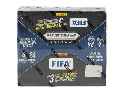 2025/26 Panini Prizm FIFA Soccer 24-Pack Retail Box featuring Silver Prizms, Pulsar parallels, and international club stars.
Back of the 2025/26 Panini Prizm FIFA Soccer Retail Box showing product details and box configuration.
2025/26 Panini Prizm FIFA Soccer retail pack featuring global club players, inserts, and Prizm parallels.
2025/26 Panini Prizm FIFA Soccer cards featuring Color Blast, Sublime, Sensational Signatures, and numbered Pulsars.