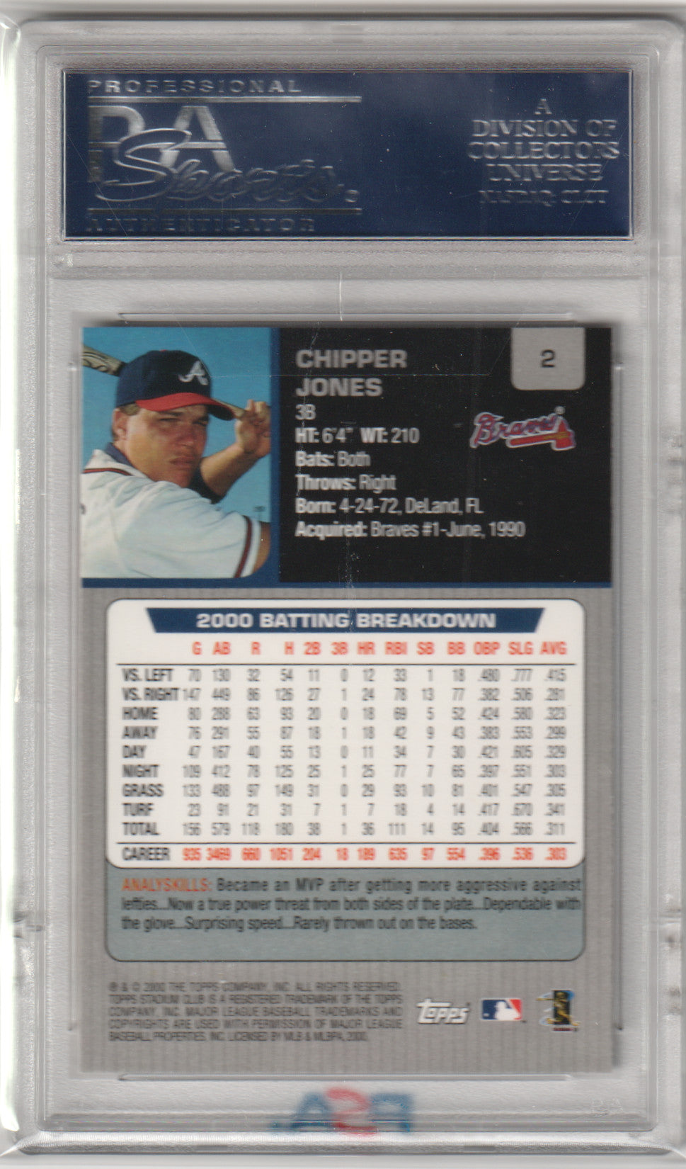 CHIPPER JONES 2001 Topps Stadium Club #2 PSA 10 GEM MINT - BRAVES Pop 7