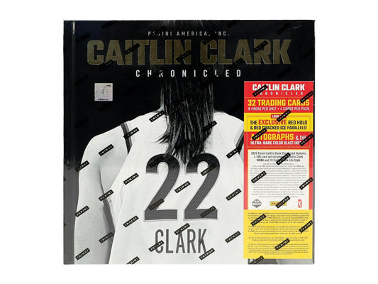2025 Panini Caitlin Clark Chronicled Keepsake featuring an exclusive 22-page book and 32 trading cards.
Back of the 2025 Panini Caitlin Clark Chronicled Keepsake showing product details and trading card configuration.
Interior pages of the 2025 Panini Caitlin Clark Chronicled Keepsake highlighting memorable WNBA career moments.
2025 Panini Caitlin Clark R