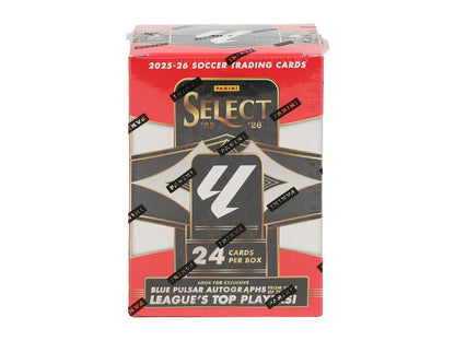 2025/26 Panini Select La Liga Soccer Blaster Box featuring exclusive Mojo parallels and Blue Pulsar autographs.
Back of the 2025/26 Panini Select La Liga Soccer Blaster Box showing product details and box configuration.
2025/26 Panini Select La Liga Soccer Blaster pack featuring Terrace, Mezzanine, and Field Level cards.
2025/26 Panini Select La Liga Soccer cards featuring top rookies, Mojo parallels, and exclusive Blue Pulsar autographs.