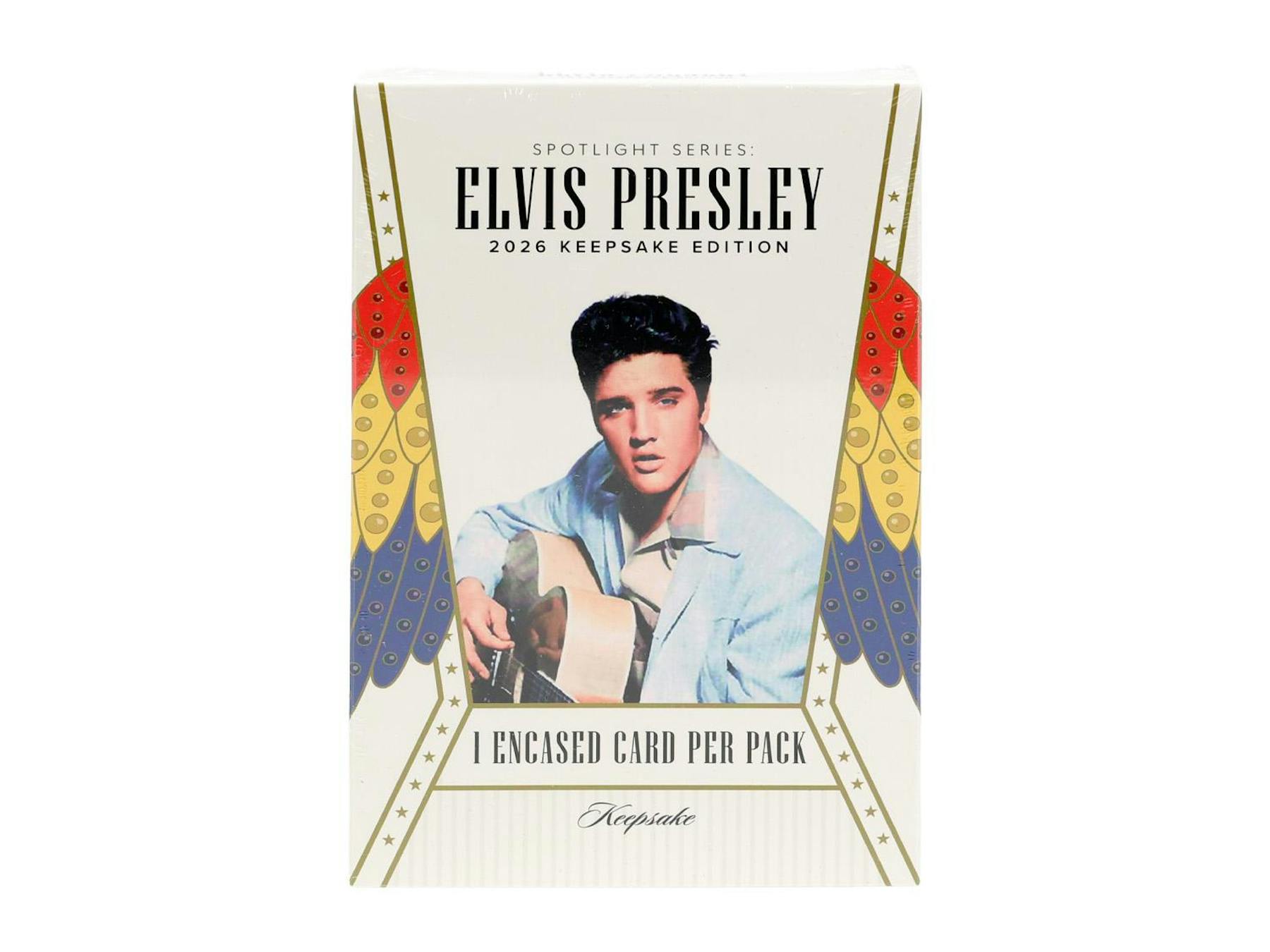 2026 Keepsake Elvis Presley Spotlight Series Hobby Box
Keepsake Elvis Presley Spotlight Series encased trading card
Elvis Presley personally worn scarf relic trading card
Elvis Presley authentic cut signature chase card