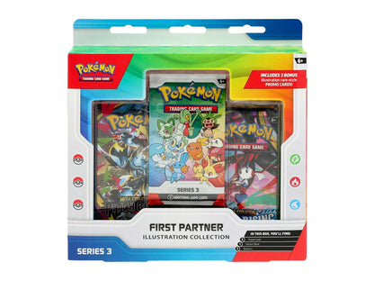 Pokemon First Partner Illustration Collection Series 3 Box featuring promo cards, Pitch Black and Chaos Rising booster packs, and a sticker sheet.
Back of the Pokemon First Partner Illustration Collection Series 3 Box showing product information and included contents.
Pokemon First Partner Illustration Collection Series 3 illustration rare-style promo cards featuring first partner Pokemon from Hoenn, Kalos, or Paldea.
Contents of the Pokemon First Partner Illustration Collection Series 3 Box including a pro