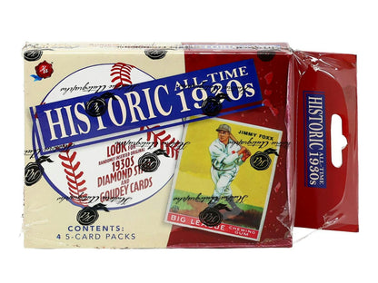 2026 Historic Autographs All-Time 1930s Baseball Hobby Box featuring cut autographs, vintage buybacks, and stadium seat relics.
Back of the 2026 Historic Autographs All-Time 1930s Baseball Hobby Box showing configuration and product details.
2026 Historic Autographs All-Time 1930s Baseball cards featuring Hall of Famers and Picasso, Hopper, and Klee parallels.
2026 Historic Autographs All-Time 1930s Baseball sell sheet highlighting cut autographs, relics, and Picasso Stained Glass cards.
