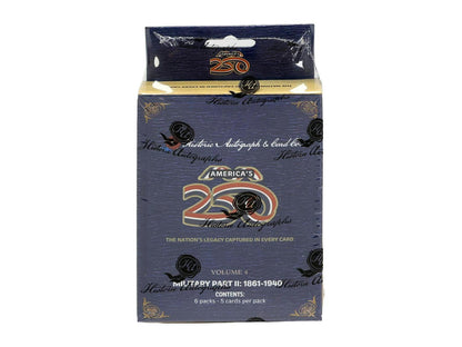 2026 Historic Autographs America's 250th Anniversary Part 2 Military Hobby Box featuring relics, cut signatures, and historical inserts.
Back of the 2026 Historic Autographs America's 250th Anniversary Part 2 Military Hobby Box showing product details and box configuration.
2026 Historic Autographs America's 250th Anniversary trading card pack featuring American history collectibles.
2026 Historic Autographs America's 250th Anniversary promotional sell sheet highlighting military relics, Freedom Fighters in